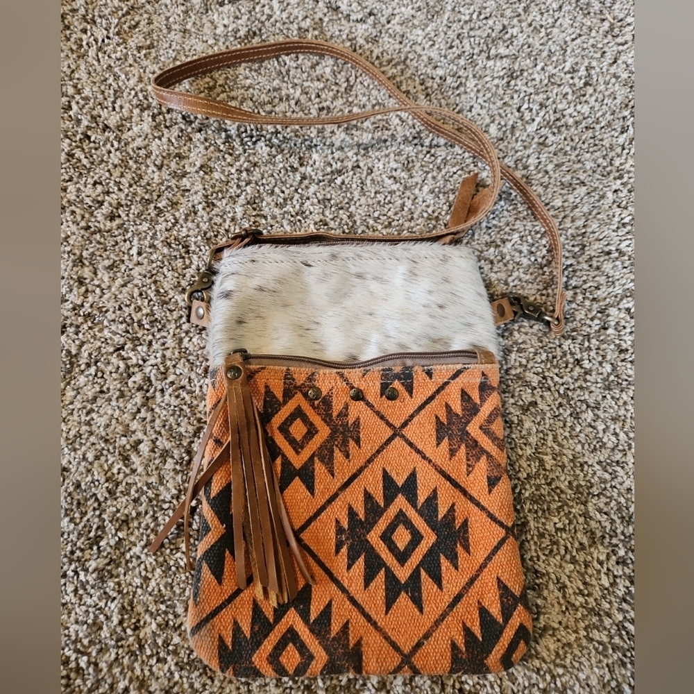 Bhrayna Western Upcycled Canvas Leather Fur Crossbody Bag